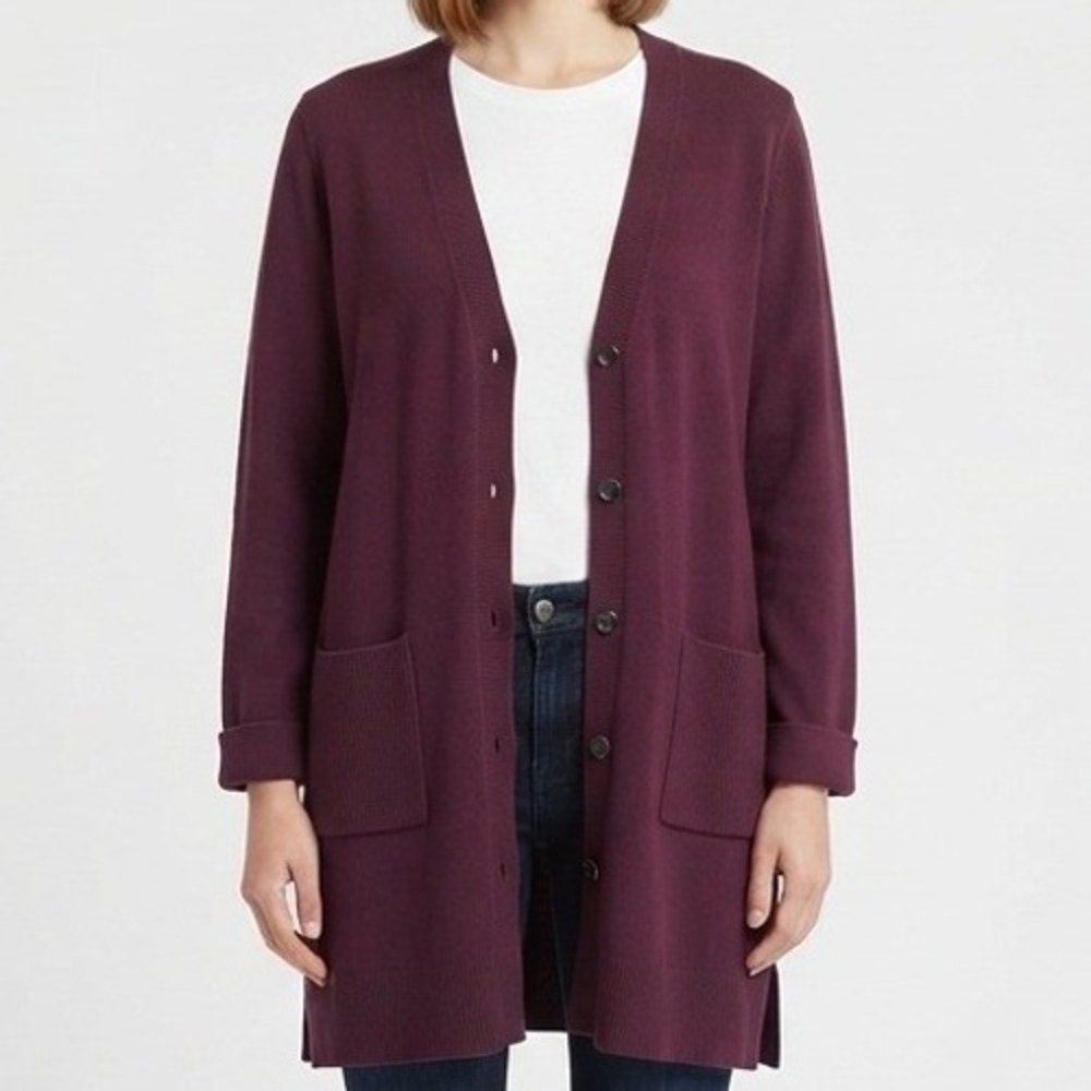 J. Jill Cardigan Women XL Purple Longline Button Front Knit Sweater Pockets